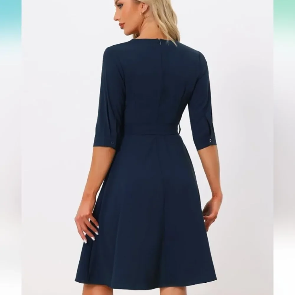 Allegra K Navy Blue Belted V Neck Dress with Pockets Size Medium NWT P2P 20 in - Picture 4 of 6